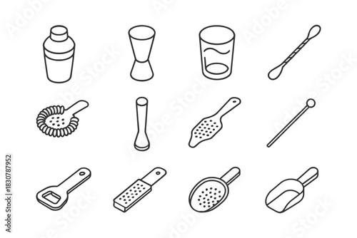 Outline icons of bar tools and accessories for cocktail making.