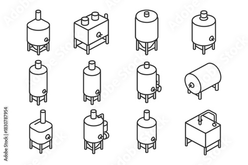 Collection of various industrial tanks and vessels in isometric line art.