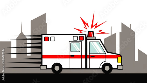 Speeding Emergency Ambulance Illustration with Flashing Siren in City - Urgent Medical Rescue
