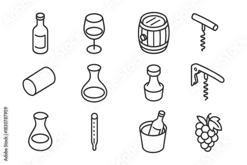 Outline icons of wine essentials including bottle, glass, barrel, corkscrew, carafe, thermometer, grapes.