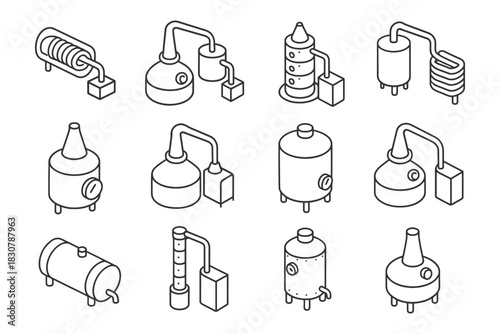 Isometric industrial equipment icons set featuring distillation and storage tanks.