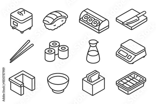 Simple line art icons of sushi, kitchen tools, and utensils.
