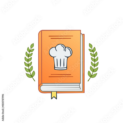 Illustrated Recipe Book with Chef Hat and Laurel Wreath; culinary, cooking, and gastronomy concept with an orange book
