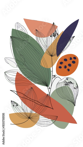 Abstract botanical illustration with colorful overlapping shapes and fine line art on a white background.