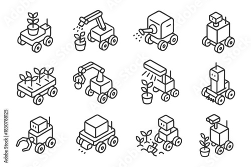 Line art of robots with wheels and plant-related functions.