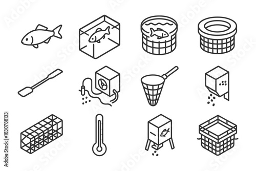 Aquaculture tools and fish farming equipment vector icons.