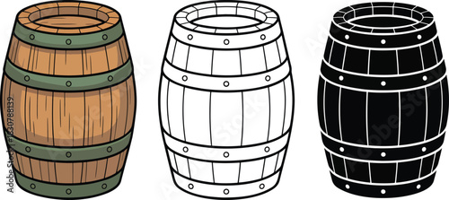 Fototapeta Naklejka Na Ścianę i Meble -  wooden wine barrel silhouette & Outline and illustration set isolated on transparent background