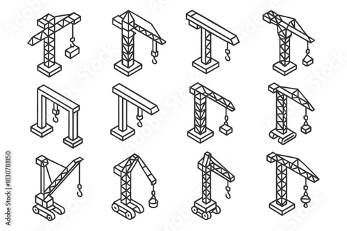 Isometric collection of construction cranes: vector outline illustrations.