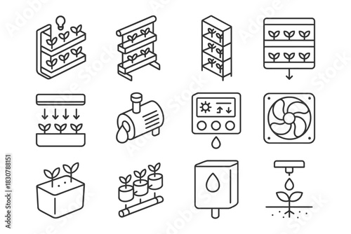 Hydroponics icons set: watering, ventilation, nutrient systems and plant growth.