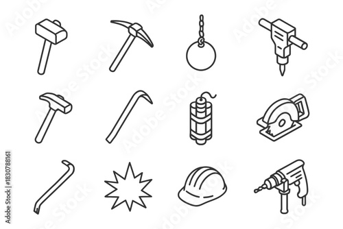 Construction tools outline icons: hammer, crowbar, jackhammer, hard hat.
