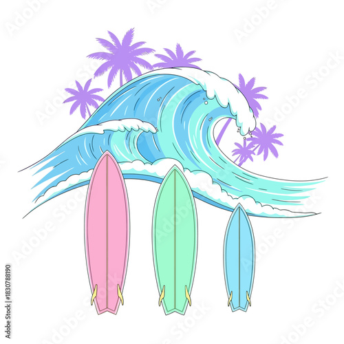 Vibrant surfboards lined up before a crashing ocean wave under palm trees