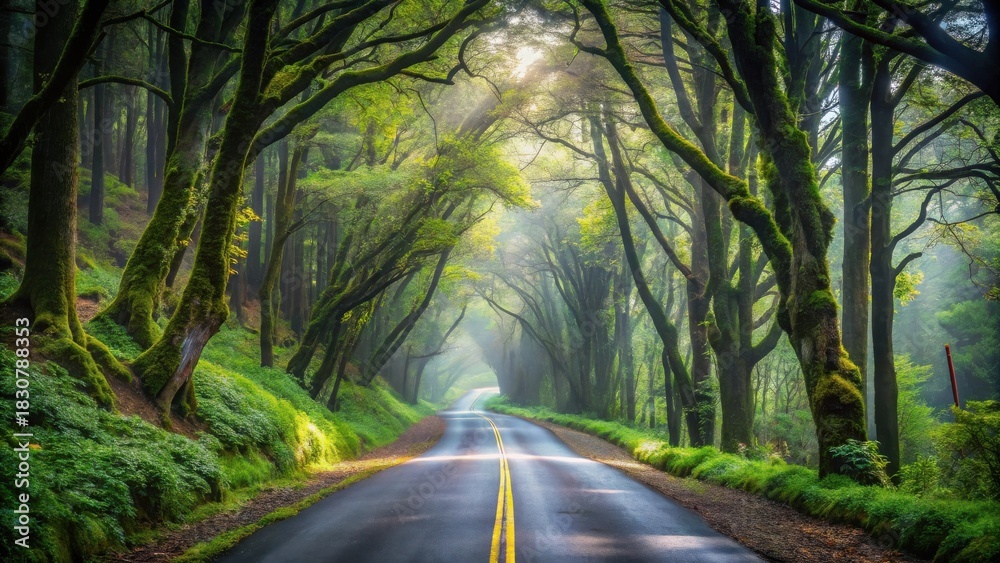 Fototapeta premium Sunlit Path Through a Mystical, Moss-Draped Forest Canopy, Winding Road Beckons the Adventurous Soul