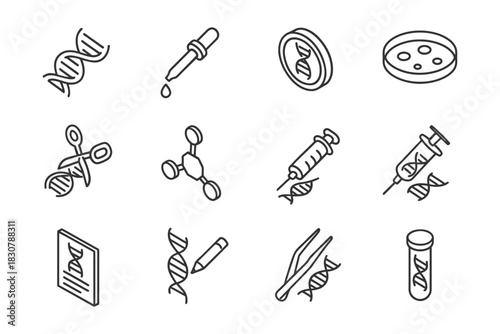 Genetic modification icons: dna, tools, molecules, lab equipment.