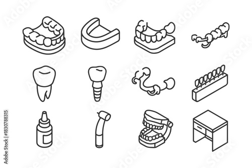 Dental tools and models line art icons collection.