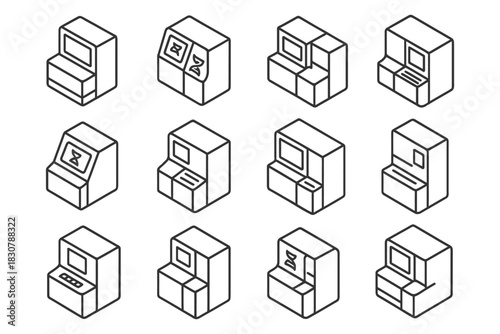 Vintage isometric arcade machine icons collection in black and white.