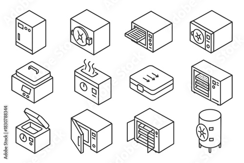 Isometric icons of various kitchen appliances in simple line art style.