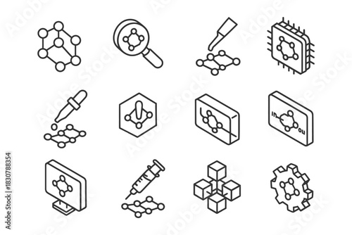 Graphene technology icons: molecular structures and nanotechnology symbols.