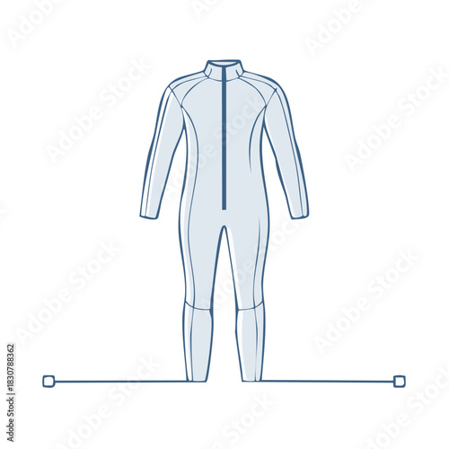 Outline of a skintight diving suit or wetsuit, full body garment with zipper