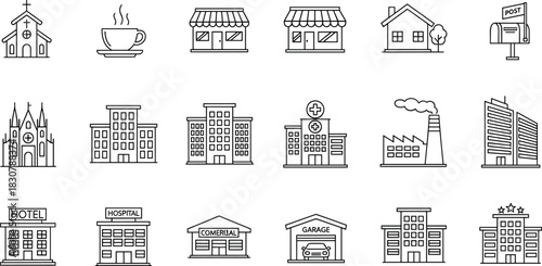 City Buildings and Urban Landmark Icon Set Line Art Vector Illustration: Church, Cafe, Store, House, Postbox, Skyscraper, Hospital, Factory, Hotel, and Commercial Center.