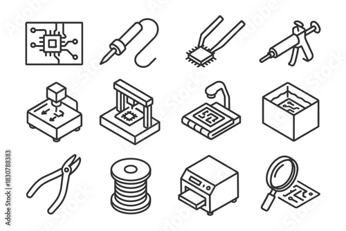 Electronic circuit components and tools illustration - soldering iron, chip, 3d printer, magnifying glass.