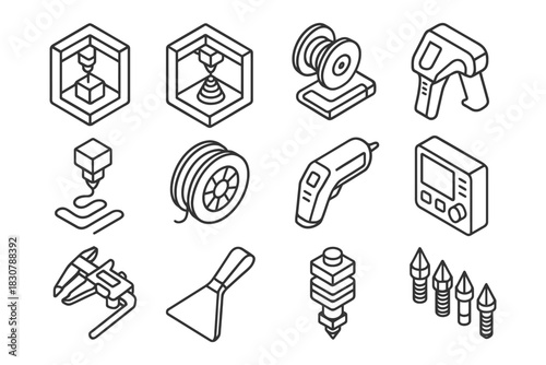 3d printing tools: isometric icons of printer and accessories.