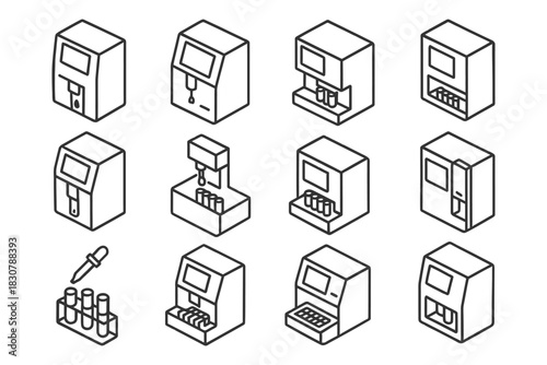 Isometric line icons of laboratory equipment and machines for scientific analysis.