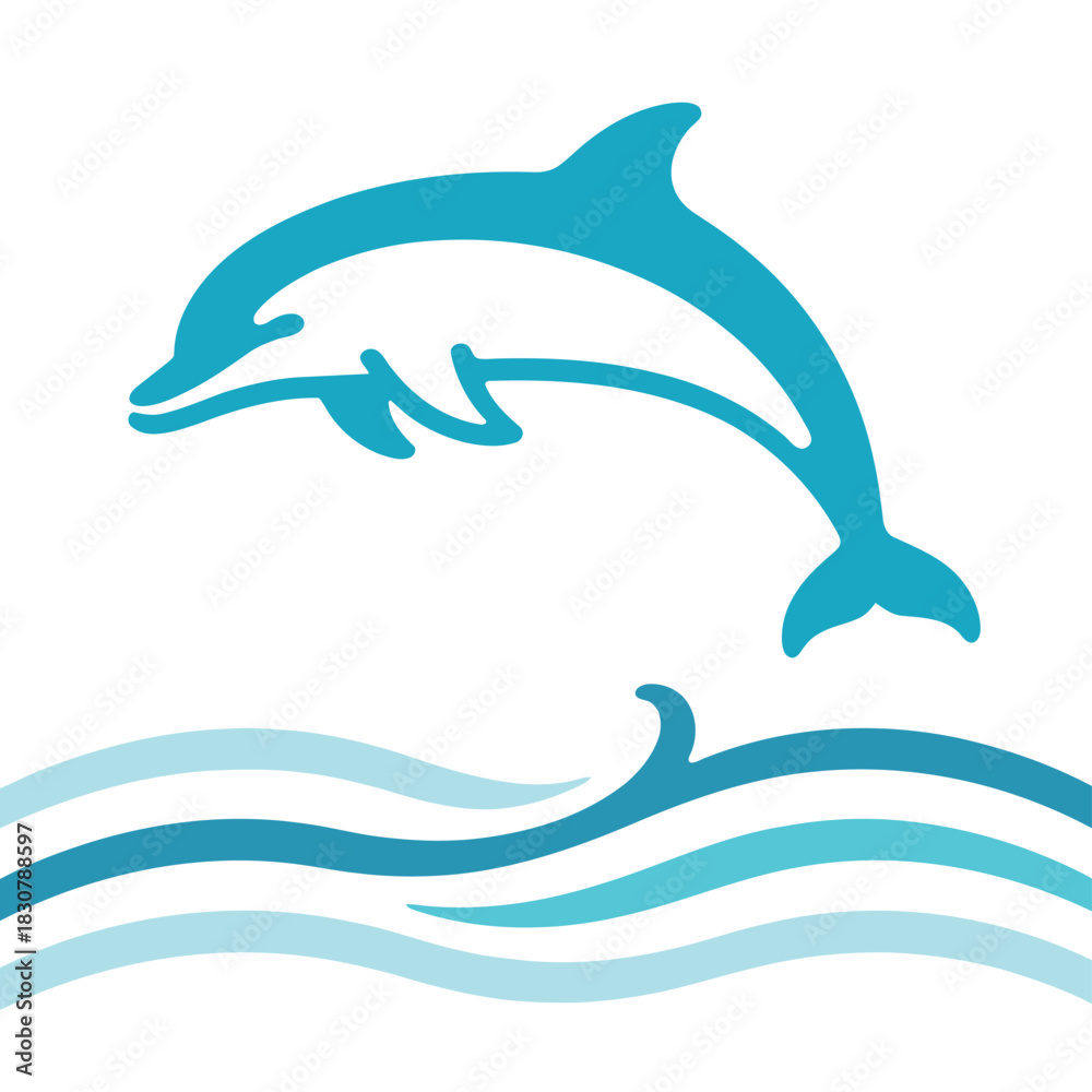 Obraz premium Minimalist blue dolphin jumping above stylized layers of ocean waves, clean vector illustration for branding.