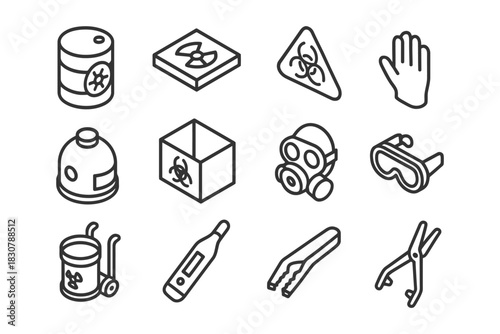 Biohazard and safety icons: protective equipment and hazard symbols.