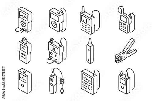Isometric styles of various electronic measurement tools and devices.