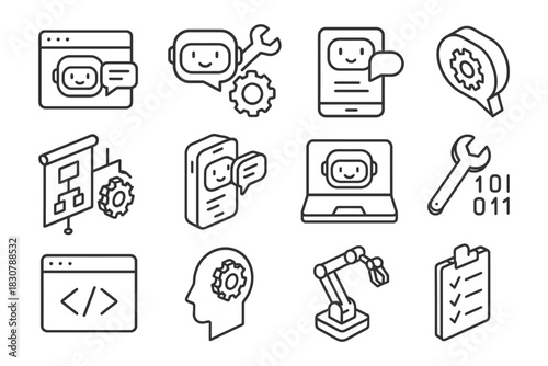 Line art icons of ai chatbots, programming tools, robotic arm, and data management.