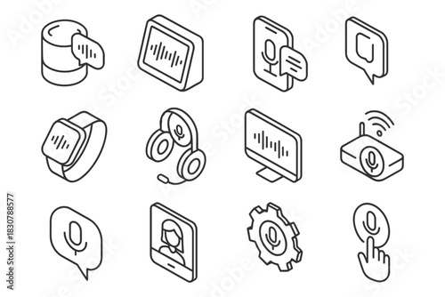 Smart devices and communication technology icons in isometric style.