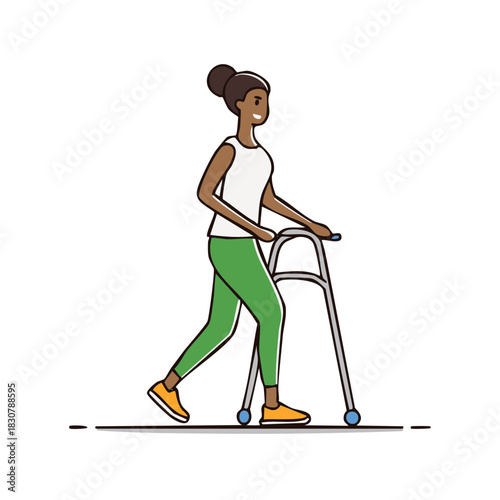 Woman with dark hair in a white tank top and green leggings walks using a walker