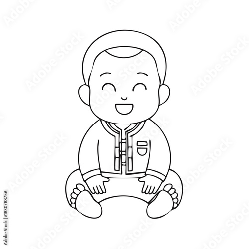 Cute line art illustration of a smiling Asian baby boy in a traditional outfit for coloring
