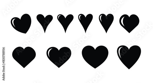 Collection of diverse black heart shapes on a white background, symbolizing love and emotion.