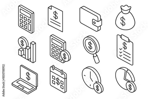 Isometric financial icons set with calculator wallet money and statistics symbols.