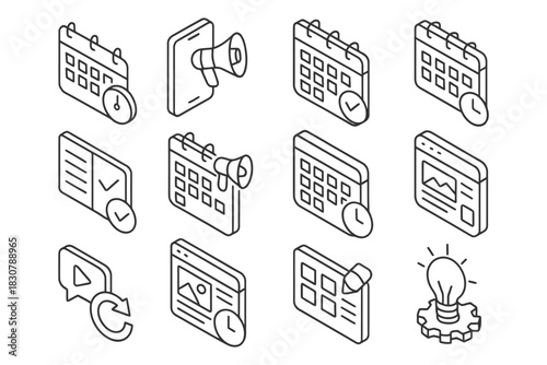 Isometric icons of calendars, reminders, and notifications in modern style.