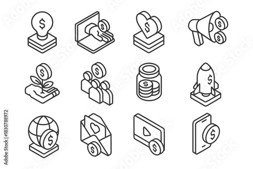 Set of financial icons: investment, savings, marketing, e-commerce, global trade.