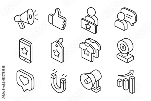Isometric icons: social media, marketing, communication, and analytics symbols.