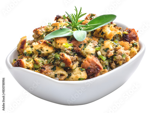 Golden-brown classic bread stuffing with celery and fresh chives in white ramekin, ultra-realistic flat lay food photography on transparent background