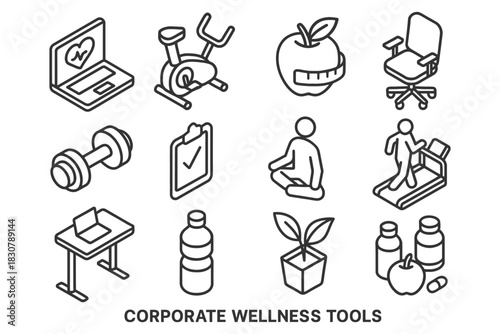 Corporate wellness tools: bike, treadmill, dumbbell, desk, office, bottle, plant.