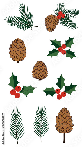 A collection of festive Christmas-themed illustrations featuring pine branches, pinecones, and holly with red berries.