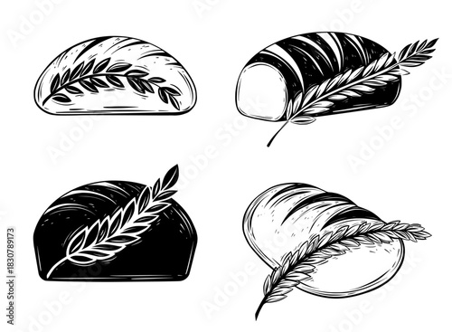 Set of loaf of bread with a wheat ear logo. Vector black ink isolated illustration in sketch line style
