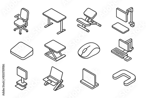 Isometric office equipment icons set: chairs, desks, and tech accessories.
