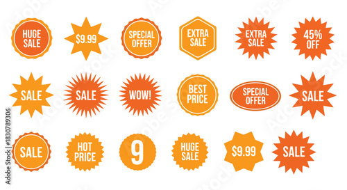 Collection of vibrant orange and yellow sale and discount tags, starbursts, and price labels for retail promotions.