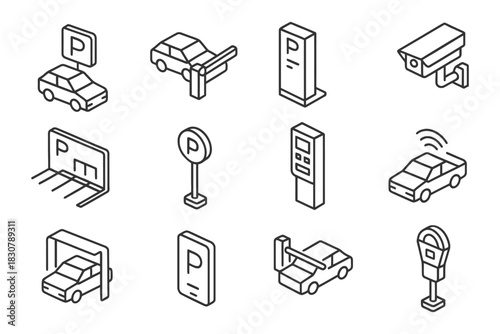 Isometric parking icons set featuring cars, signs, cameras, and meters.