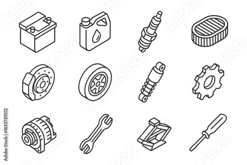 Outline illustrations of car parts including battery, oil can, spark plug, and more.