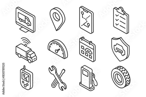 Isometric icons of logistics and transportation tools.
