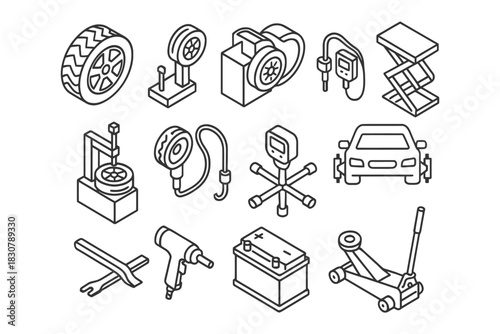 Line art icons of car maintenance tools and equipment.