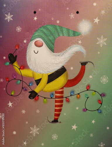 Christmas gnome ice skating with lights on colorful background
