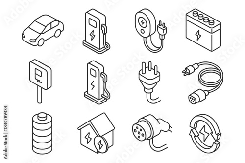 Electric vehicle charging icons and accessories in isometric design.